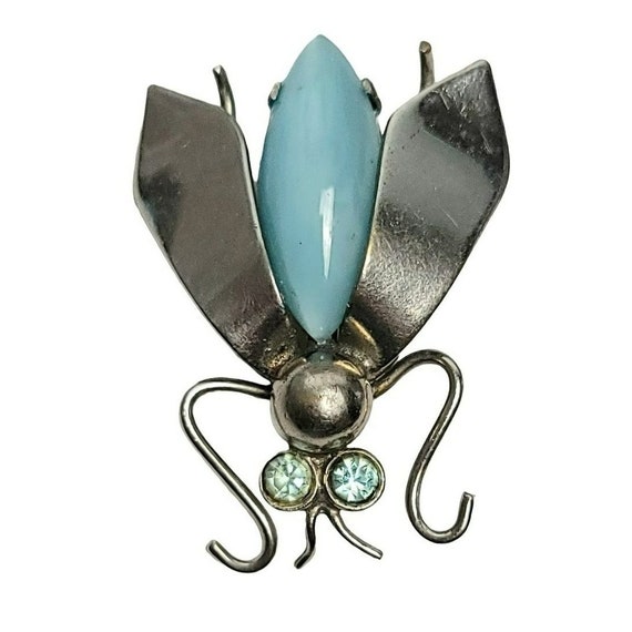 Czechoslovakia Silver Tone  Blue Glass Bug Fly Pin Brooch, Signed
