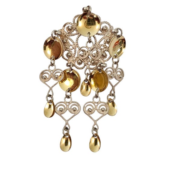 Sølje Sterling Silver Heart Scroll Dangle Brooch, Gold Vermeil Pin L646