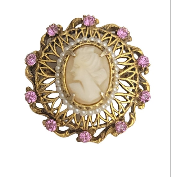 Florenza Gold Tone Carved Shell Cameo Pink Lucite Rhinestone Brooch Pendant, Signed M325