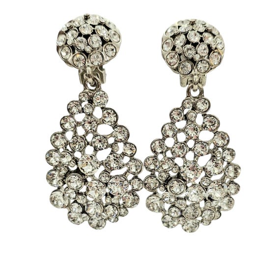 Oscar De La Renta Clear Rhinestone Clip On Earrings Statement Runway Signed, L881