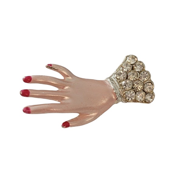 Vintage Clear Pave Rhinestone Enamel Hand, Red Polished Nails Brooch Pin E852