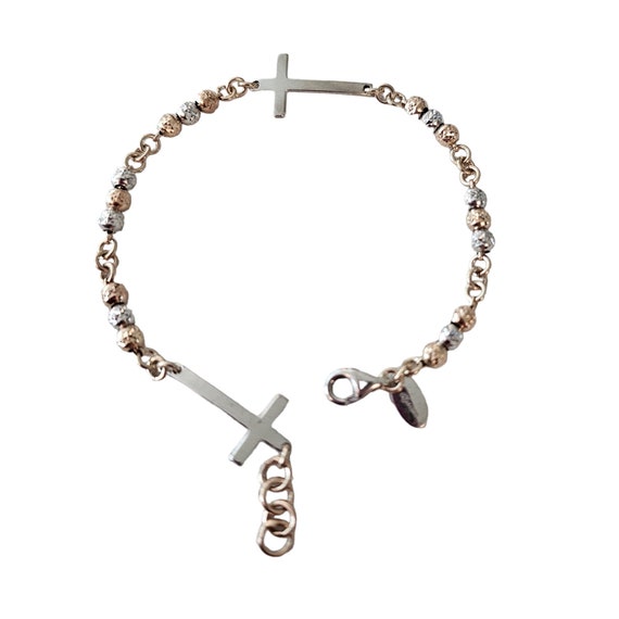 Dyadema Sterling Silver Hammered Bead Cross Charm Bracelet 7.5" L, Signed L111