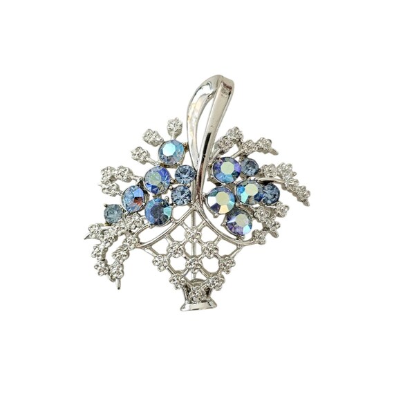 Coro Silver Tone Blue AB Rhinestone Basket Brooch