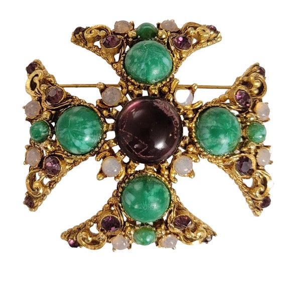 Gold Tone Purple Cab Glass Moonstone Marble Green Lucite Maltese Cross Brooch E66