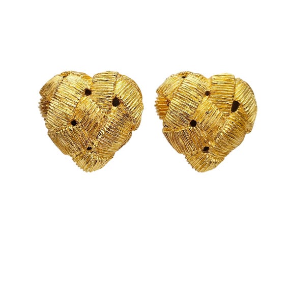 Gold Tone Criss Cross Heart Clip On Domed Earrings Signed Natori C752