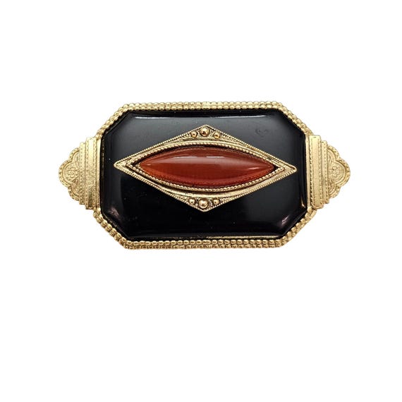 1928 Brand Art Deco Style Oval Cornelian Glass Bar Brooch Black Lucite Pin C867