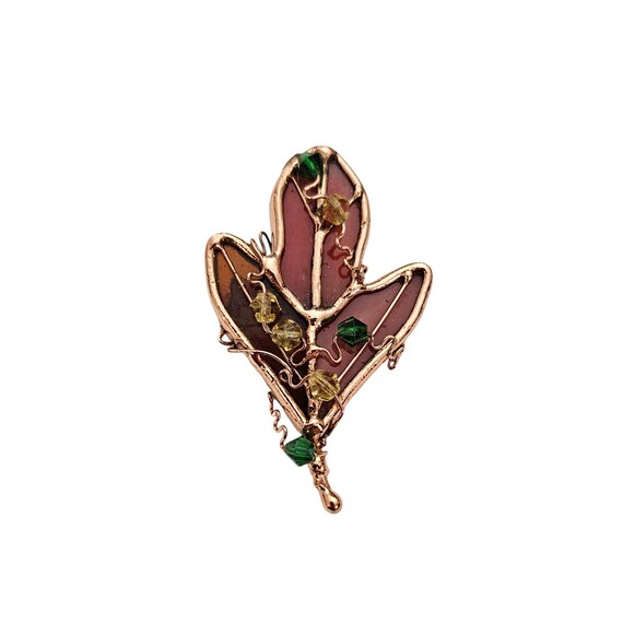 GANZ Stained Glass Style Brooch Red, Gold Maple Autumn Fall Leaf Pin NOS L513