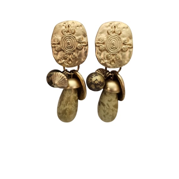 Matte Gold Tone Tribal Oval Coin Clip On Disc Ball Charm Dangle Earrings J655