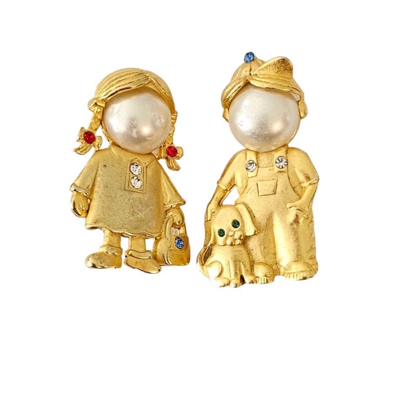 JJ Jonette Vintage Faux Pearl Boy Girl Pair Rhinestone Brooches, Signed L188