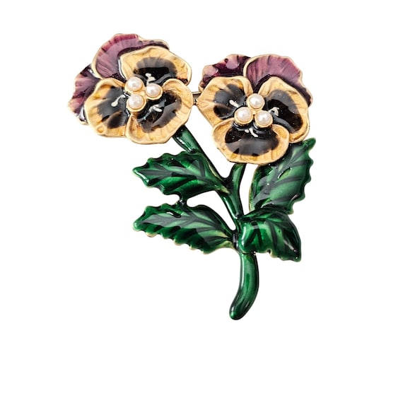 Pansy Brooch Purple Green Enamel Signed MT Faux Pearl Pin J201