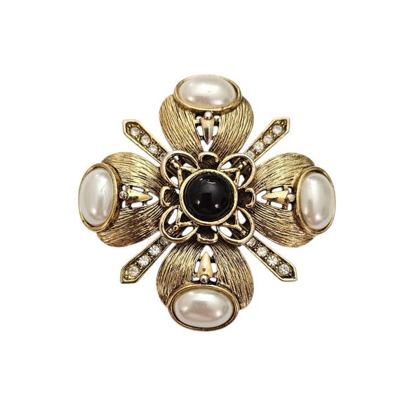 Craft Maltese Cross Brooch, Clear Rhinestone Faux Pearl Pin Signed, J94