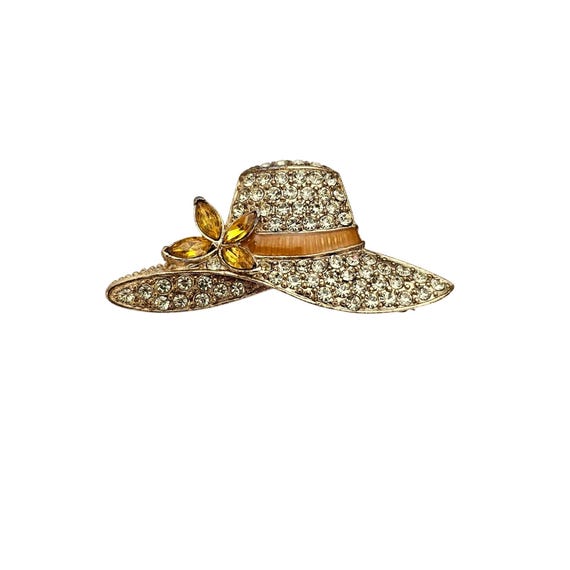 Monet Jonquil Rhinestone Hat Brooch Yellow Flower Pin Signed J739