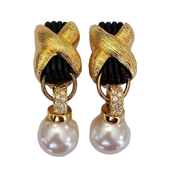 RR Roman Inc. Gold Tone Leather Wrap X Rhinestone Faux Pearl Dangle Clip Earrings, Signed K554