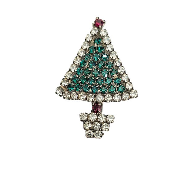 Vintage Green Red Clear Prong Set Rhinestone Christmas Tree Pin Brooch, L814
