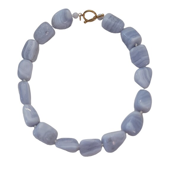 14K Yellow Gold Toggle Claps Blue Lace Agate Choker Necklace 16.5" Long, E869