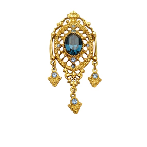 1928 Brand Victorian Style Filigree Rhinestone Brooch Fleur De Lis Dangles C864