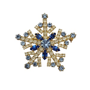 Gold Tone Faux Sapphire Blue Clear Rhinestone Vintage Star Brooch Pin K447