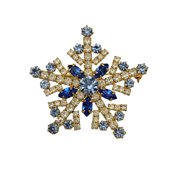 Gold Tone Faux Sapphire Blue Clear Rhinestone Vintage Star Brooch Pin K447