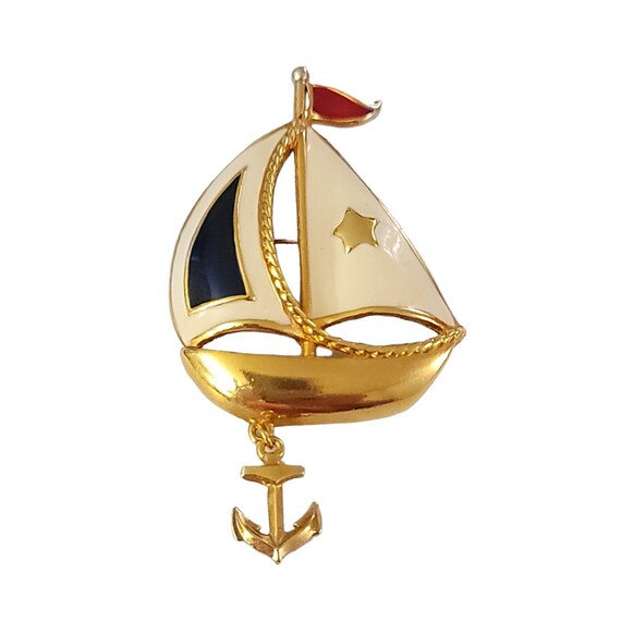 Avon Gold Tone Anchor Charm Red White Blue Sail Boat Brooch, Signed K545