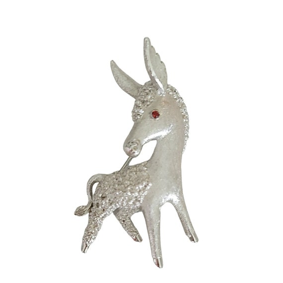 Trifari Crown Over T Vintage Silver Tone Red Eye Donkey Brooch, Signed M1031