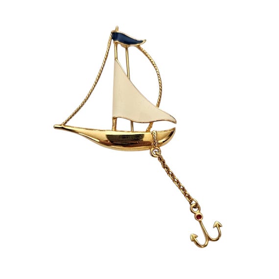 Fernando Originals Gold Tone Blue White Enamel Sail Boat Pin Brooch Anchor Chain Dangle, Signed L963