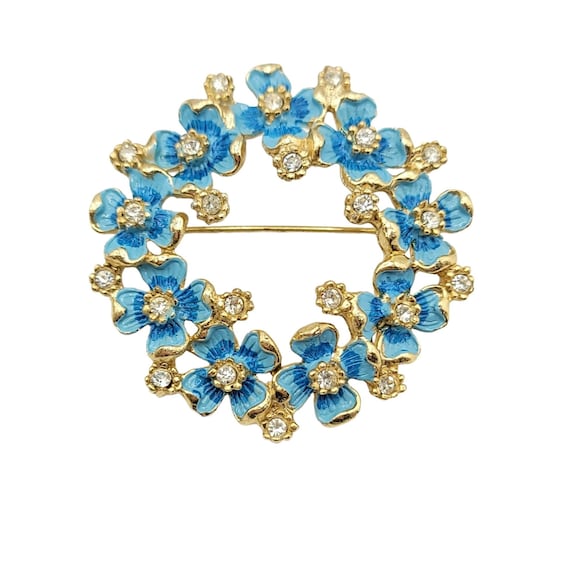 Kramer of NY Vintage Gold Tone Blue Enamel Clear Rhinestone Dogwood Flower Wreath Brooch,  Signed