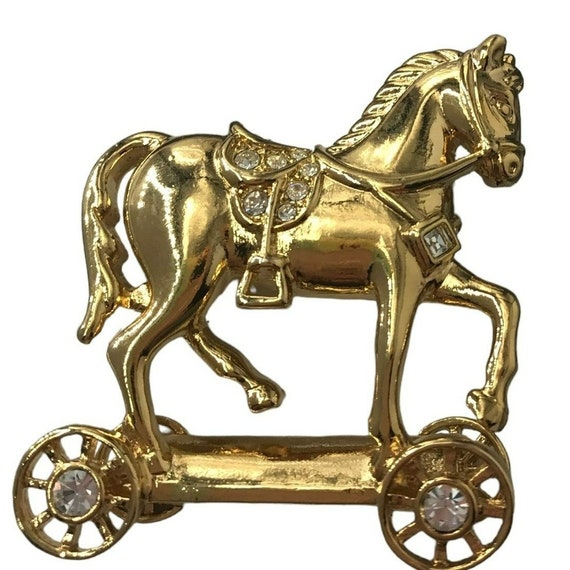 Avon Smithsonian Gold Tone Clear Rhinestone, Articulated Wheels Horse Brooch, Signed M37