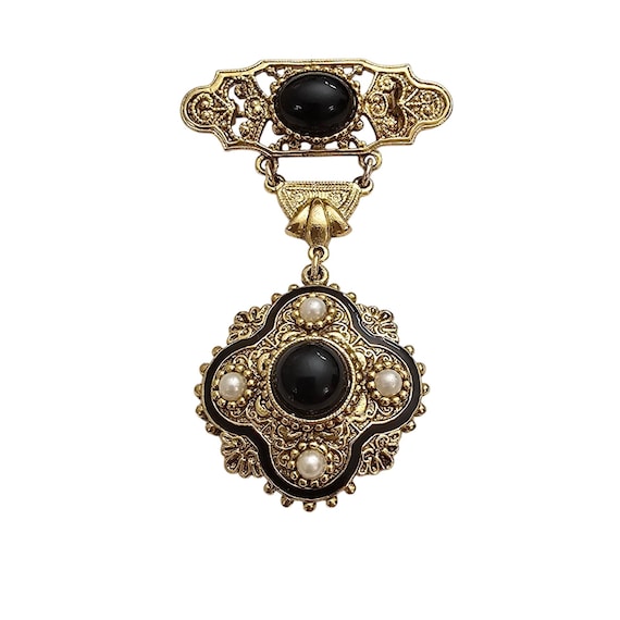 1928 Brand Black Glass And Lucite Bar Brooch Cross Dangle Faux Pearl Pin J457