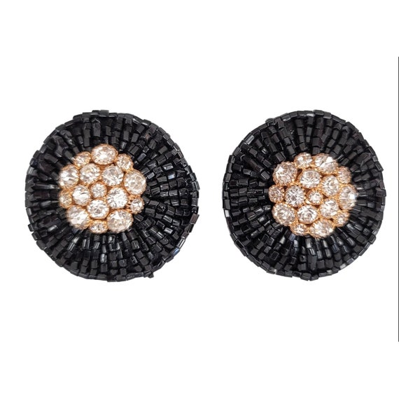 Black Glass Seed Bead Clear Prong Set Rhinestone Clip On Earrings K649