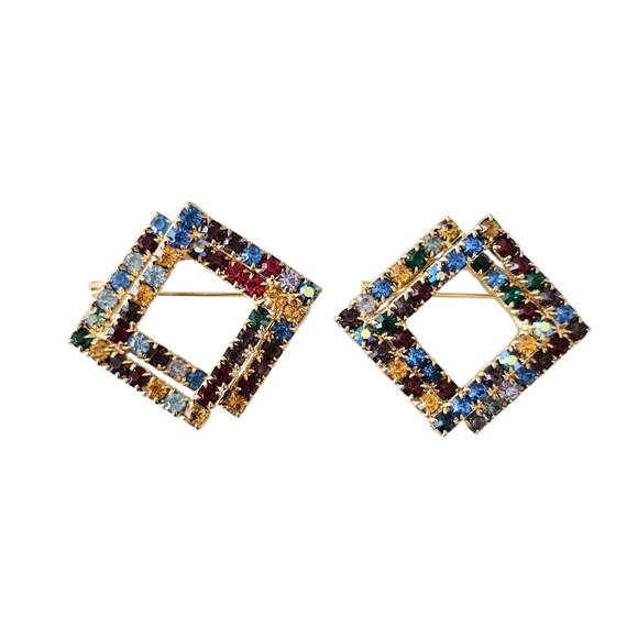 Pair Entwined Square Brooch Two Multi-Color Rhinestone Matching Pins