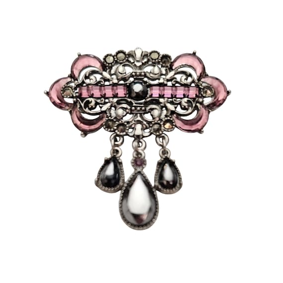 1928 Marcasite Purple Glass Art Deco Style Bar Brooch Pear Dangle Pin J534