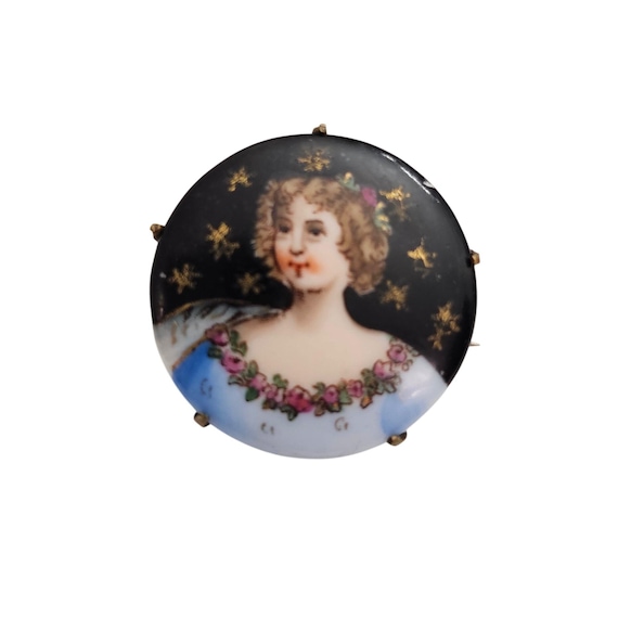 Round Glass Lady Painted Pin C Clasp J380