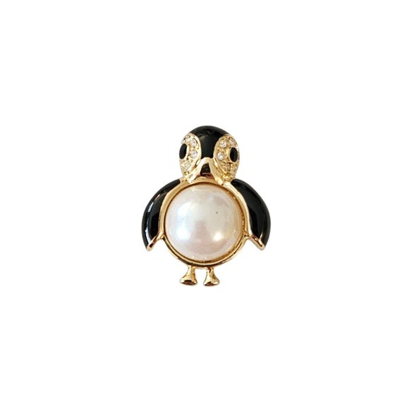 Marvella Penguin Pin, Faux Pearl, Clear Rhinestone Black Enamel Brooch, Signed L643