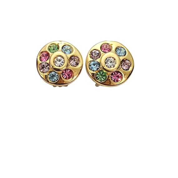 Round Pink Purple Rhinestone Clip Gold Tone Earrings C742