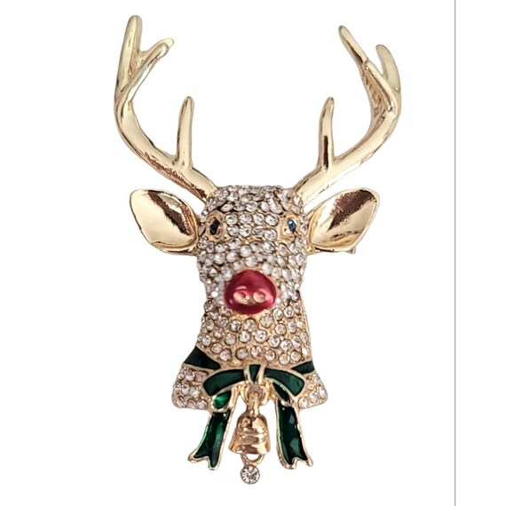 Napier Gold Tone Clear Pave Rhinestone Red Nose Reindeer Brooch Pin, Signed K647