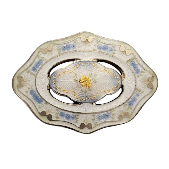 Charles M Robbins Champlevé Enamel Flower Oval Brooch Sash Pin, Signed L651