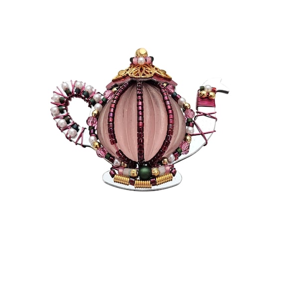 Liztech Vintage Teapot Brooch Pink Ribbed Art Glass Embellished Pin Signed, J577
