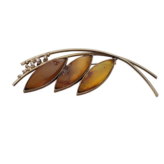 Gold Tone Modernist Stemmed Amber Petal Leaf Brooch Pin E455