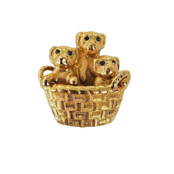 Carolee Gold-Tone Green Eye Puppies Dogs In Basket Brooch Pin, Signed L249