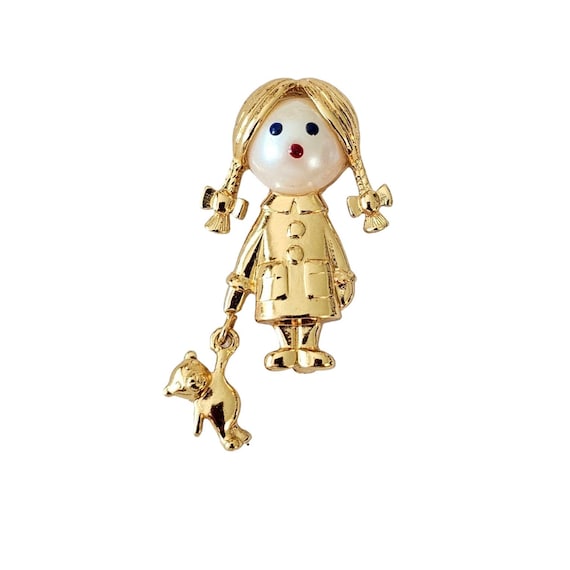 Carolee Faux Pearl Girl With Teddy Bear Charm Dangle Brooch Pin, Signed L323
