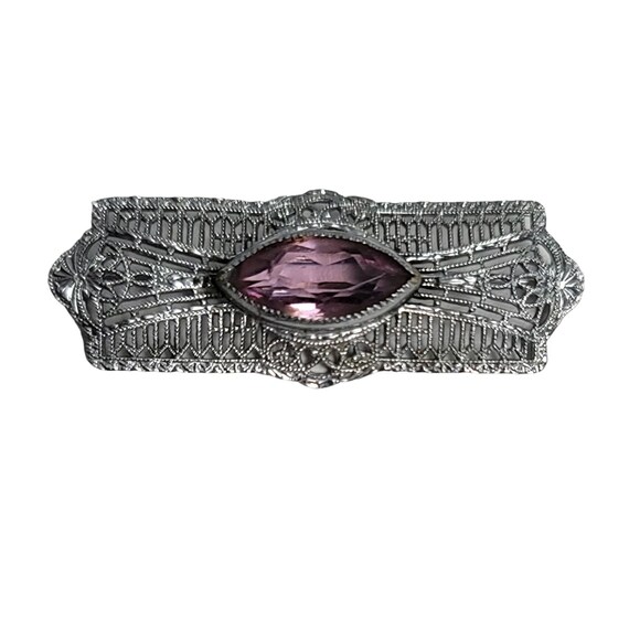Art Deco Silver Tone Purple Rhinestone Filigree Bar Pin
