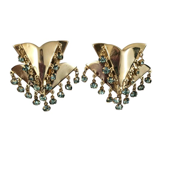 Gold Tone Modernist Fan Style Dimensional Multi Rhinestone Dangle Clip On Earrings L243