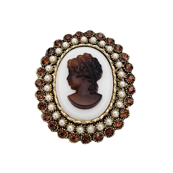 Vintage Statement Molded Glass Cameo Topaz Rhinestone Brooch L355