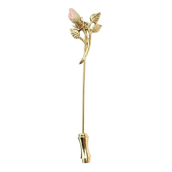Pink Green Gold Tone Bone China Rose Stick Lapel Pin