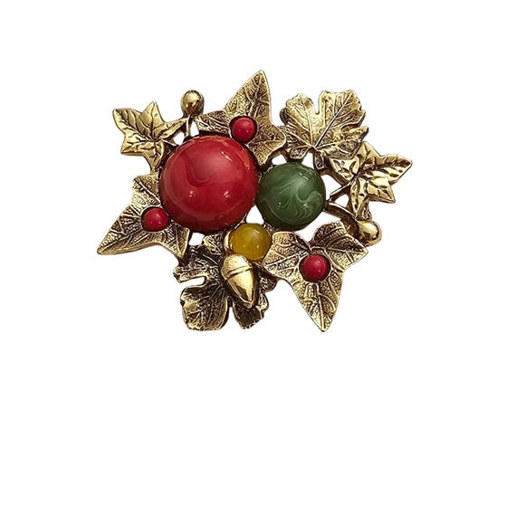 1928 Brand Red Green Gold Marble Lucite Leaf Brooch J465