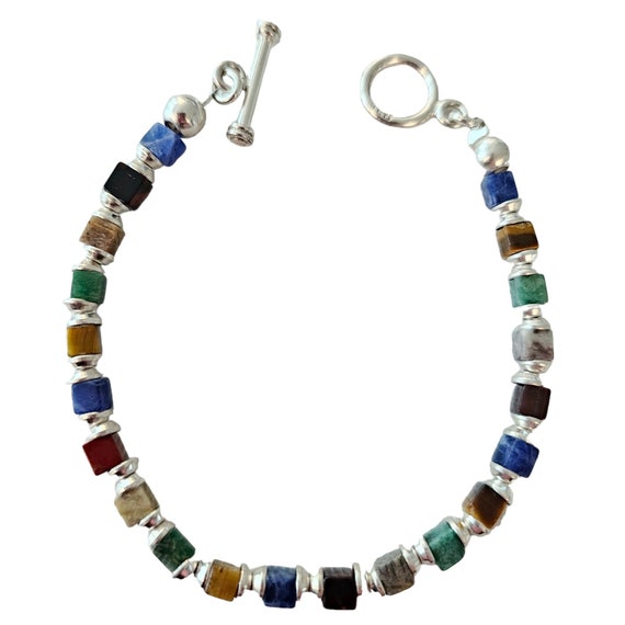 Sterling Silver Multi Cube Gemstone Bead Bracelet, Tiger Eye, Lapis L114