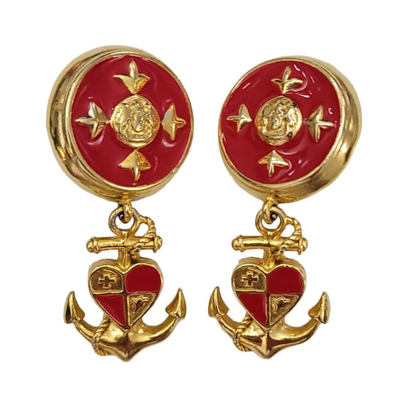 Vintage Gold Tone Red Enamel Anchor, Heart Dangle Clip On Earrings, 2.5” L K406