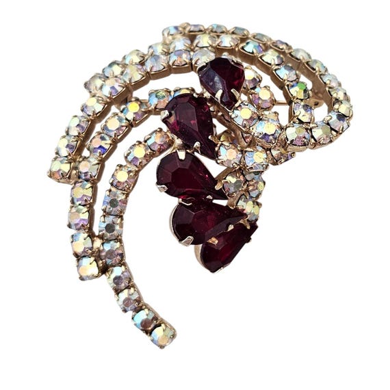 Gold Tone Red Pear Snowflake AB Rhinestone Swirl Brooch Cluster Pin J86