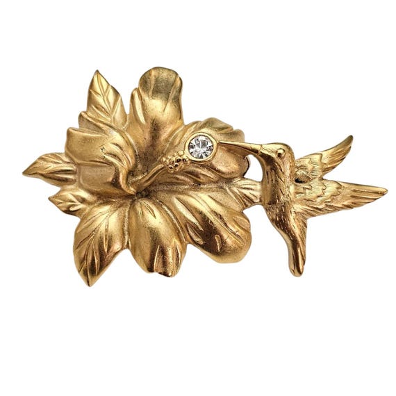 Monet Matte Gold Tone Hummingbird And Hibiscus Flower Brooch, Clear Rhinestone Vintage Pin Signed, J1