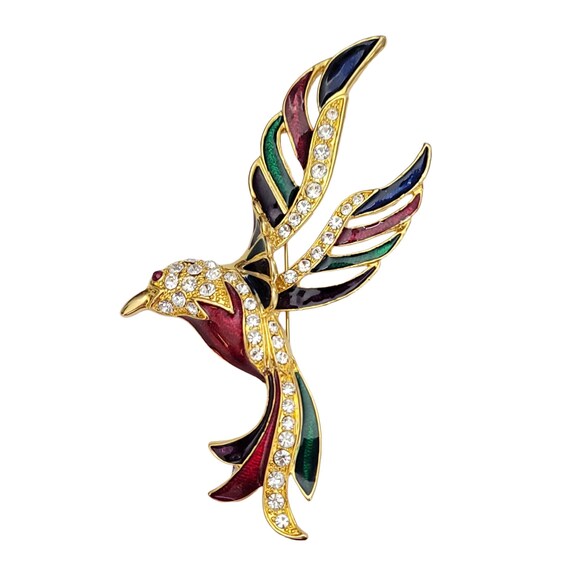 Gold Tone Multicolor Enamel Clear Rhinestone Statement Large Paradise Bird Brooch, K203